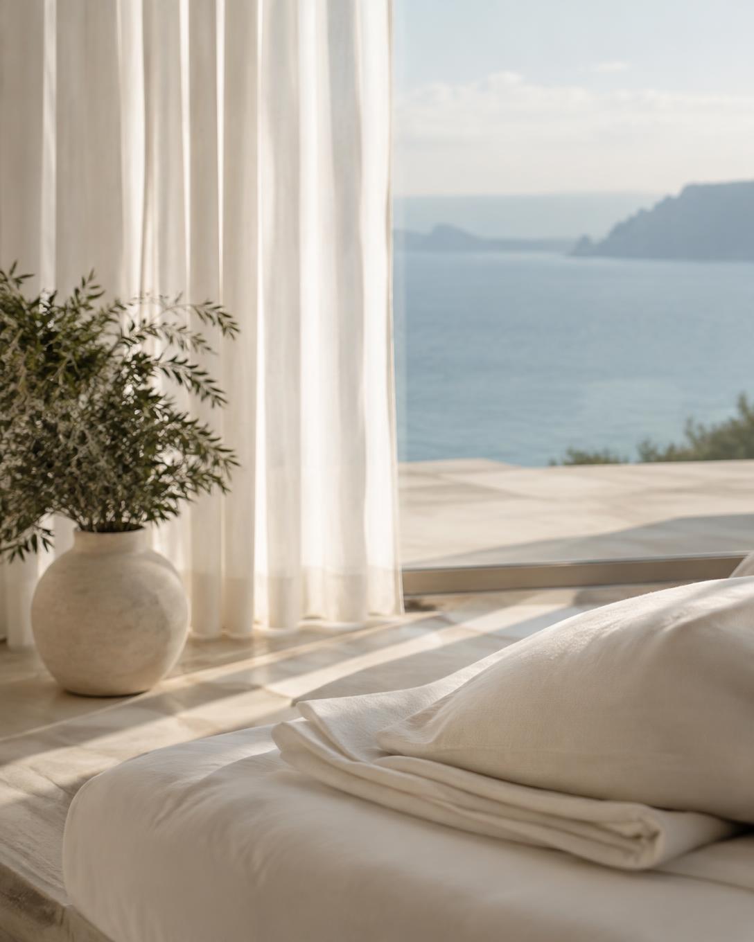 Refined coastal bedroom with soft linens and natural light